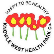 Happy to be Healthy-Knowle West Health Park Co in a circle with red and yellow flowers