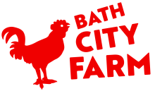 Bath City Farm in red letters with image of a cockerel 